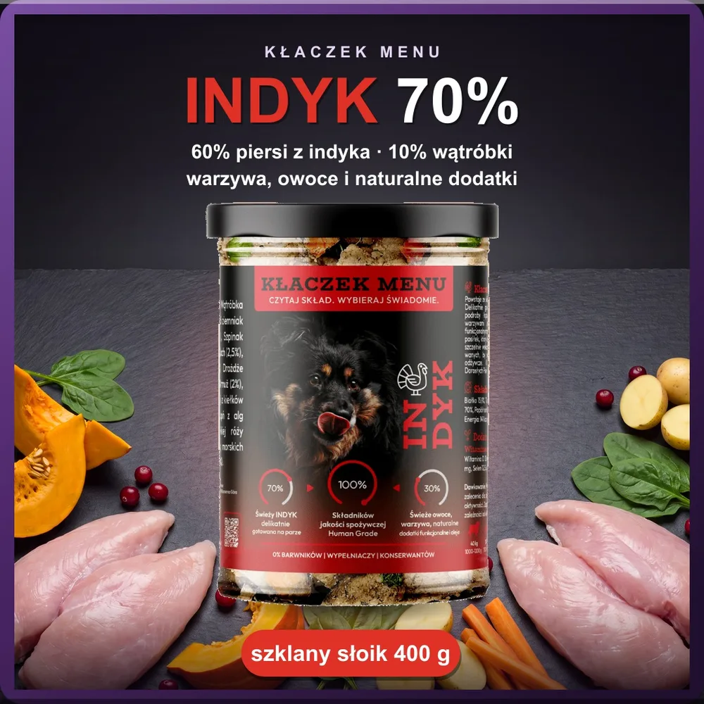 Kłaczek Menu Indyk 400 g — mokra karma dla psa w szklanym słoiku, 70% mięsa