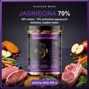 Kłaczek Menu Jagnięcina 400 g — mokra karma dla psa w szklanym słoiku, 70% mięsa