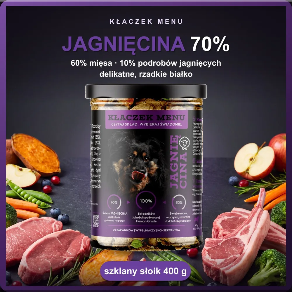 Kłaczek Menu Jagnięcina 400 g — mokra karma dla psa w szklanym słoiku, 70% mięsa