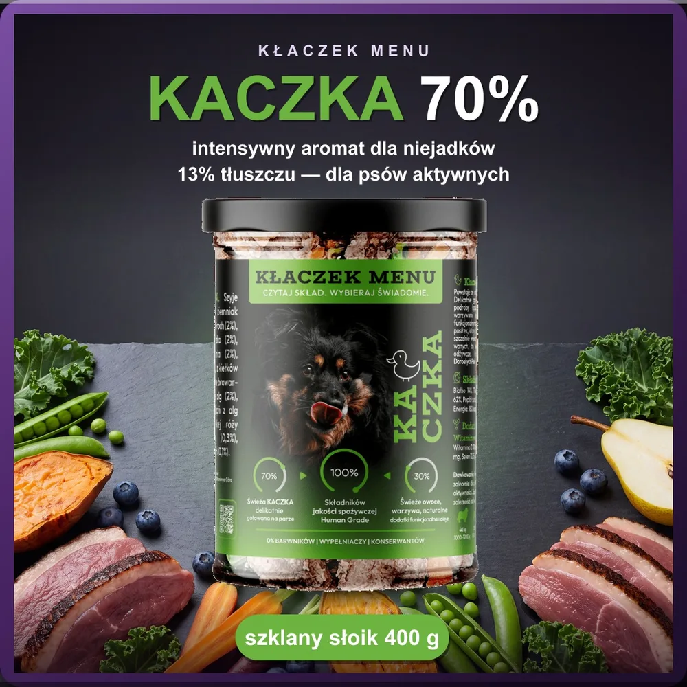 Kłaczek Menu Kaczka 400 g — mokra karma dla psa w szklanym słoiku, 70% mięsa