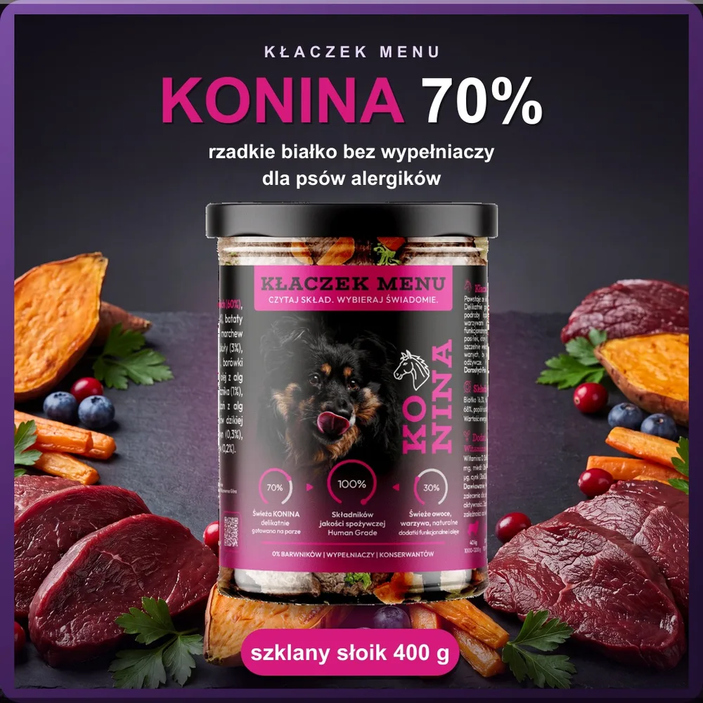 Kłaczek Menu Konina 400 g — mokra karma dla psa w szklanym słoiku, 70% mięsa