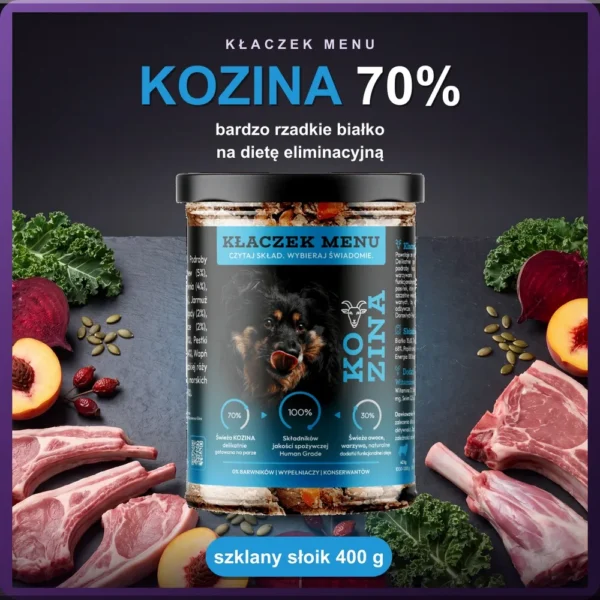 Kłaczek Menu Kozina 400 g — mokra karma dla psa w szklanym słoiku, 70% mięsa