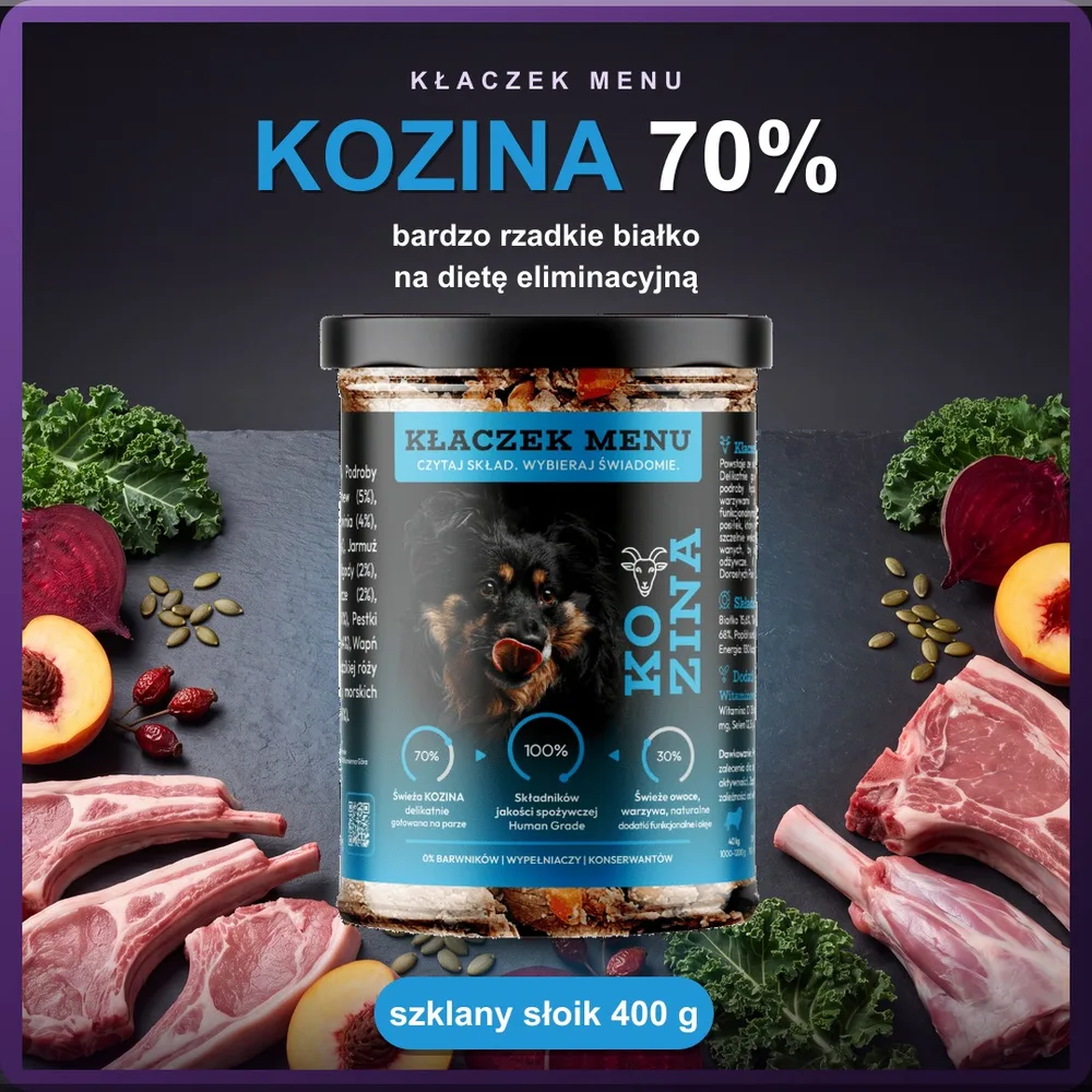 Kłaczek Menu Kozina 400 g — mokra karma dla psa w szklanym słoiku, 70% mięsa