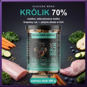 Kłaczek Menu Królik 400 g — mokra karma dla psa w szklanym słoiku, 70% mięsa