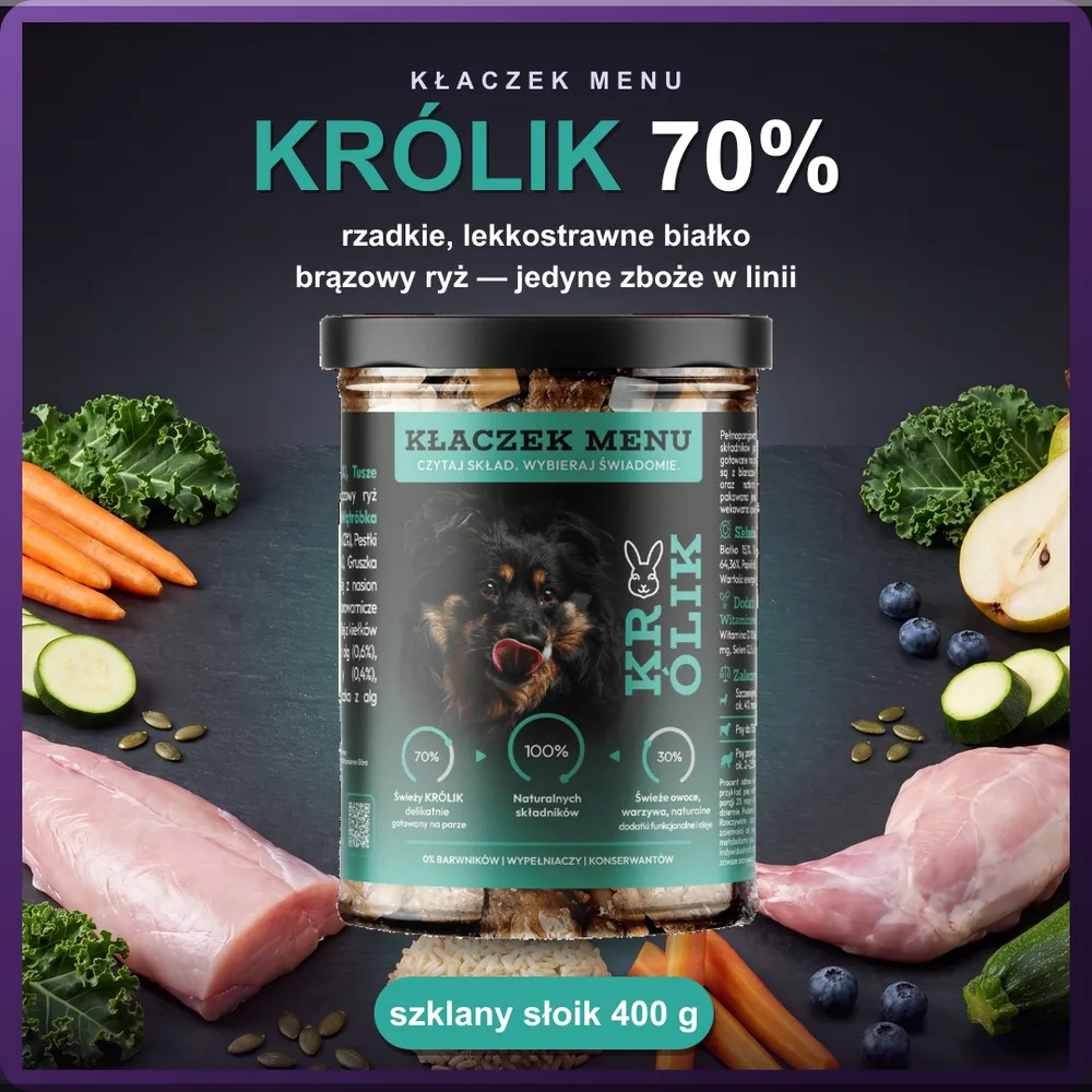 Kłaczek Menu Królik 400 g — mokra karma dla psa w szklanym słoiku, 70% mięsa