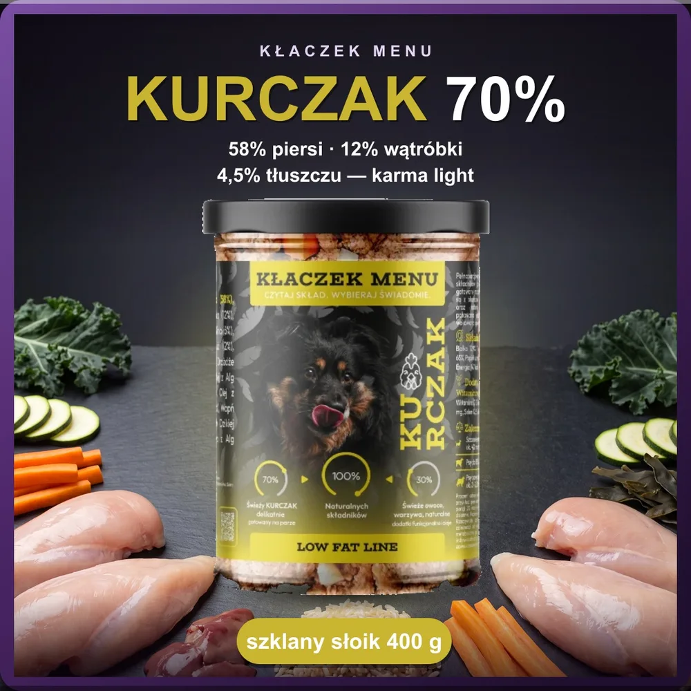 Kłaczek Menu Kurczak 400 g — mokra karma dla psa w szklanym słoiku, 70% mięsa