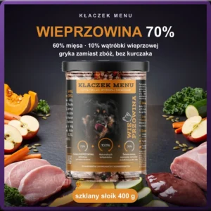 Kłaczek Menu Wieprzowina 400 g — mokra karma dla psa w szklanym słoiku, 70% mięsa