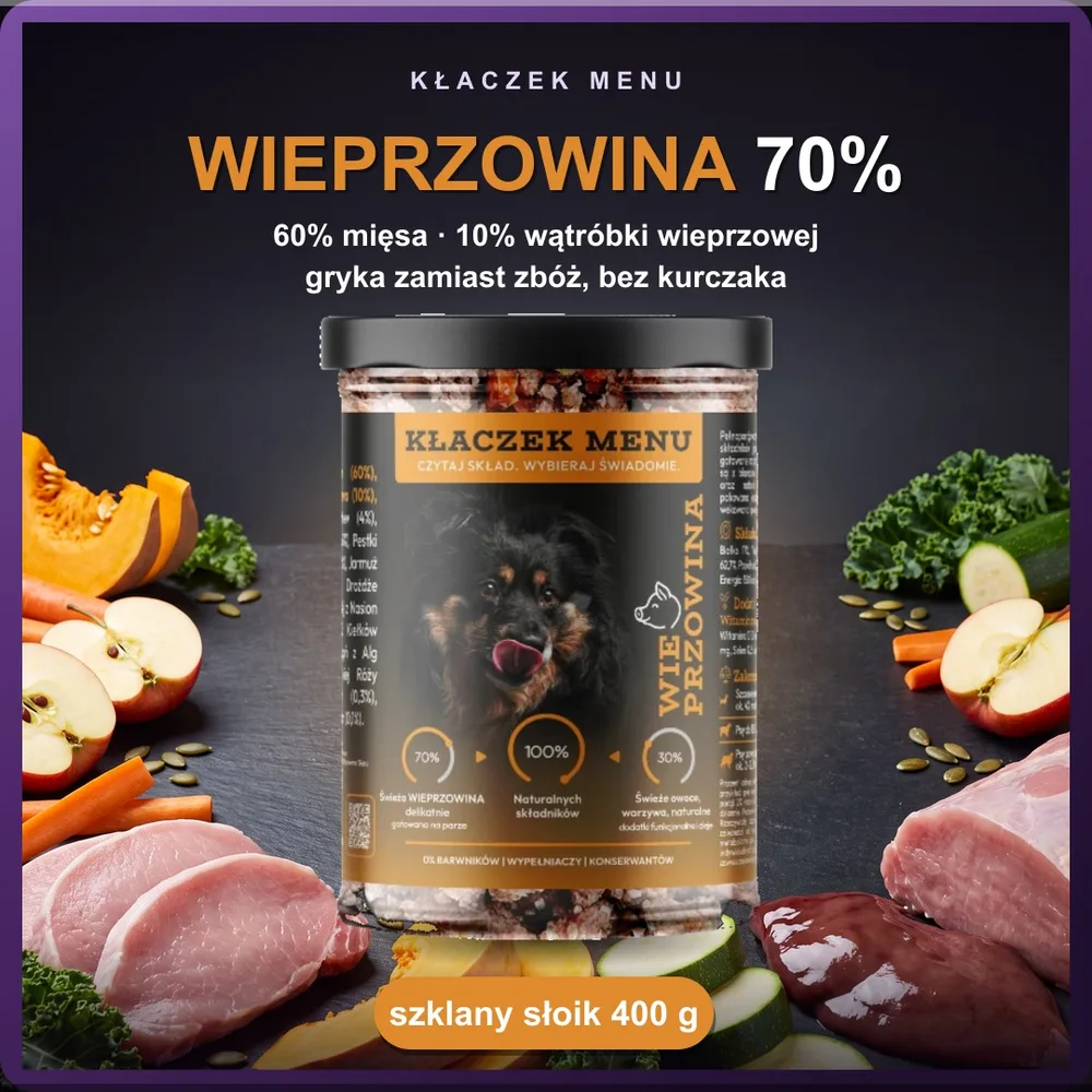 Kłaczek Menu Wieprzowina 400 g — mokra karma dla psa w szklanym słoiku, 70% mięsa