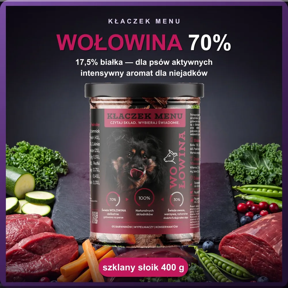 Kłaczek Menu Wołowina 400 g — mokra karma dla psa w szklanym słoiku, 70% mięsa