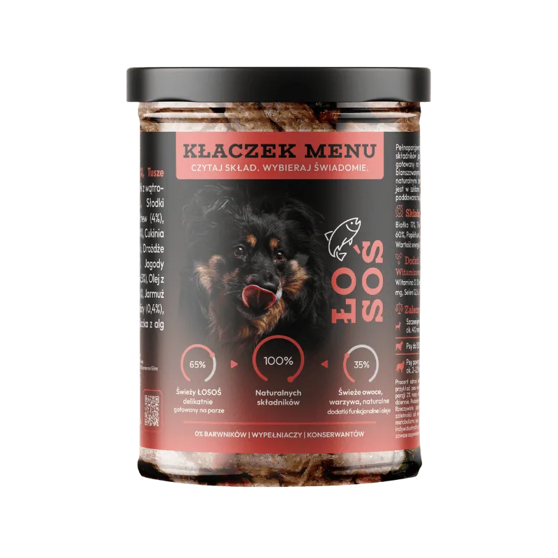Kłaczek Menu Łosoś 400 g — mokra karma dla psa w szklanym słoiku