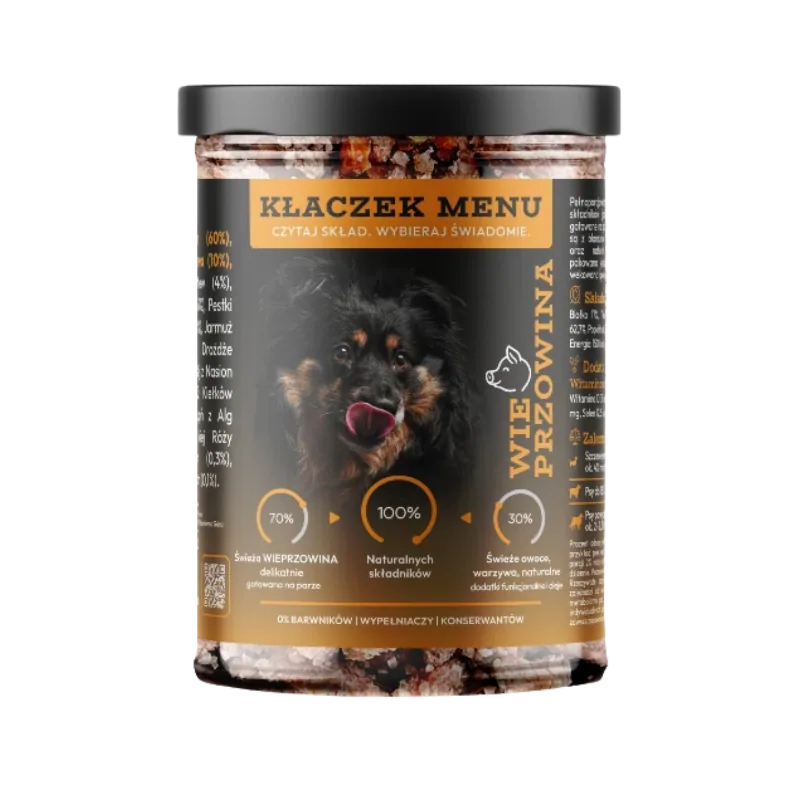 Kłaczek Menu Wieprzowina 400 g — mokra karma dla psa w szklanym słoiku